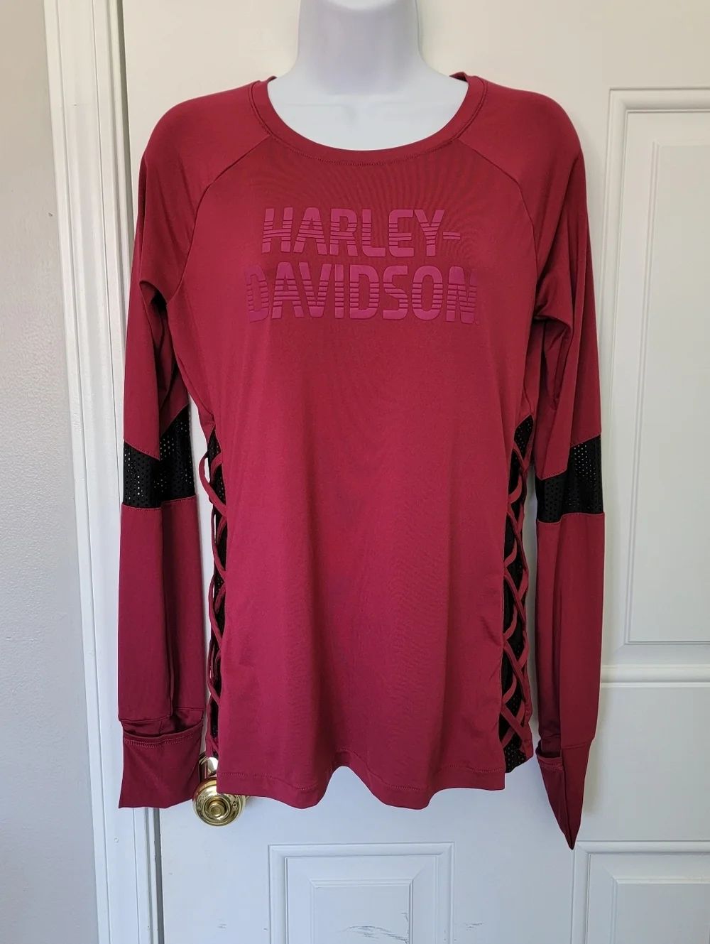 Harley Davidson Vented Cut Out Mesh Burgundy Red Pullover Long Sleeve Size Small - Picture 1 of 11